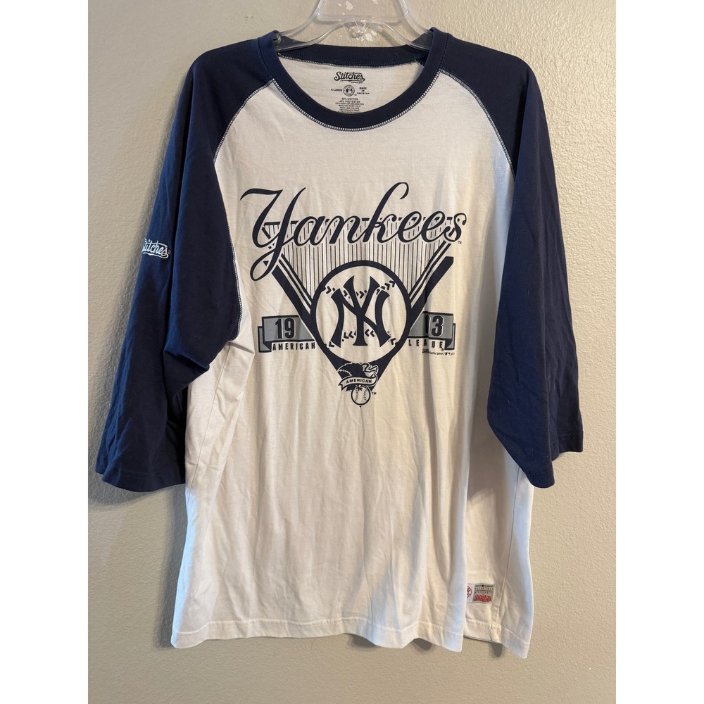 Stitches New York Yankees MLB  Raglan 3/4 Sleeve Shirt Mens XL Navy White